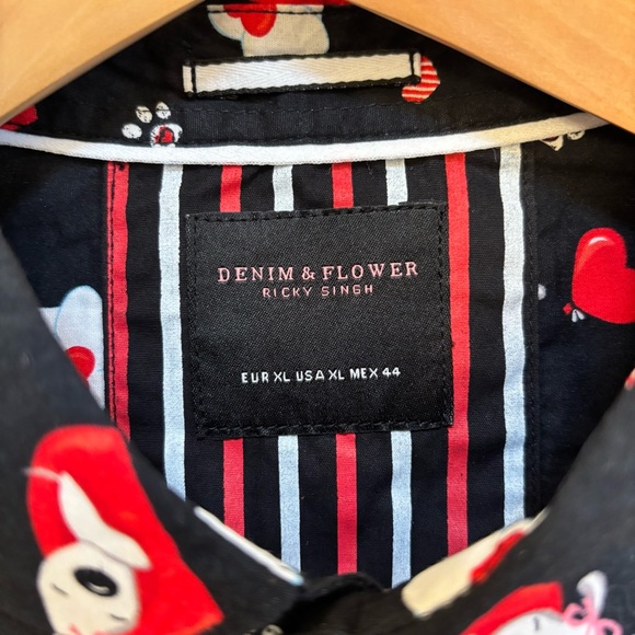 Denim & Flower Men’s Black Shirt with Hearts Puppy Dogs Love XL NWT - Picture 2 of 11